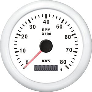 Kus omdr.tæller benzin 0-8000 1.-10p med timet.hvid 12/24V Ø