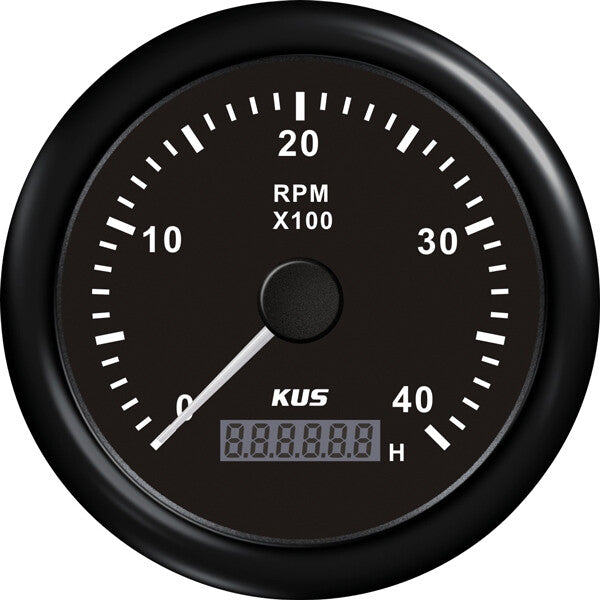 Kus omdr.tæller diesel 0-4000 0.5-250 med time.sort 12/24V Ø – Palby varenr. 1116528