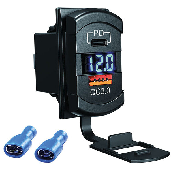 Dobbelt USB oplader med voltmeter, 12-24V