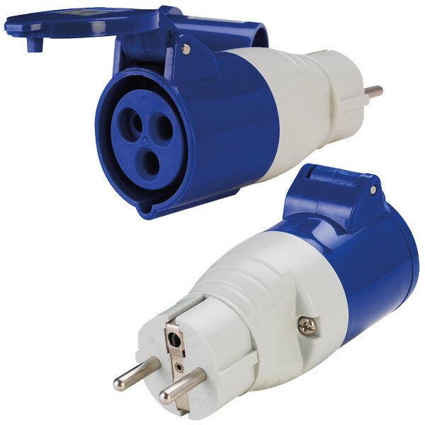 Adapter Schuko male / CEE female w/splash-proof lid, 220V