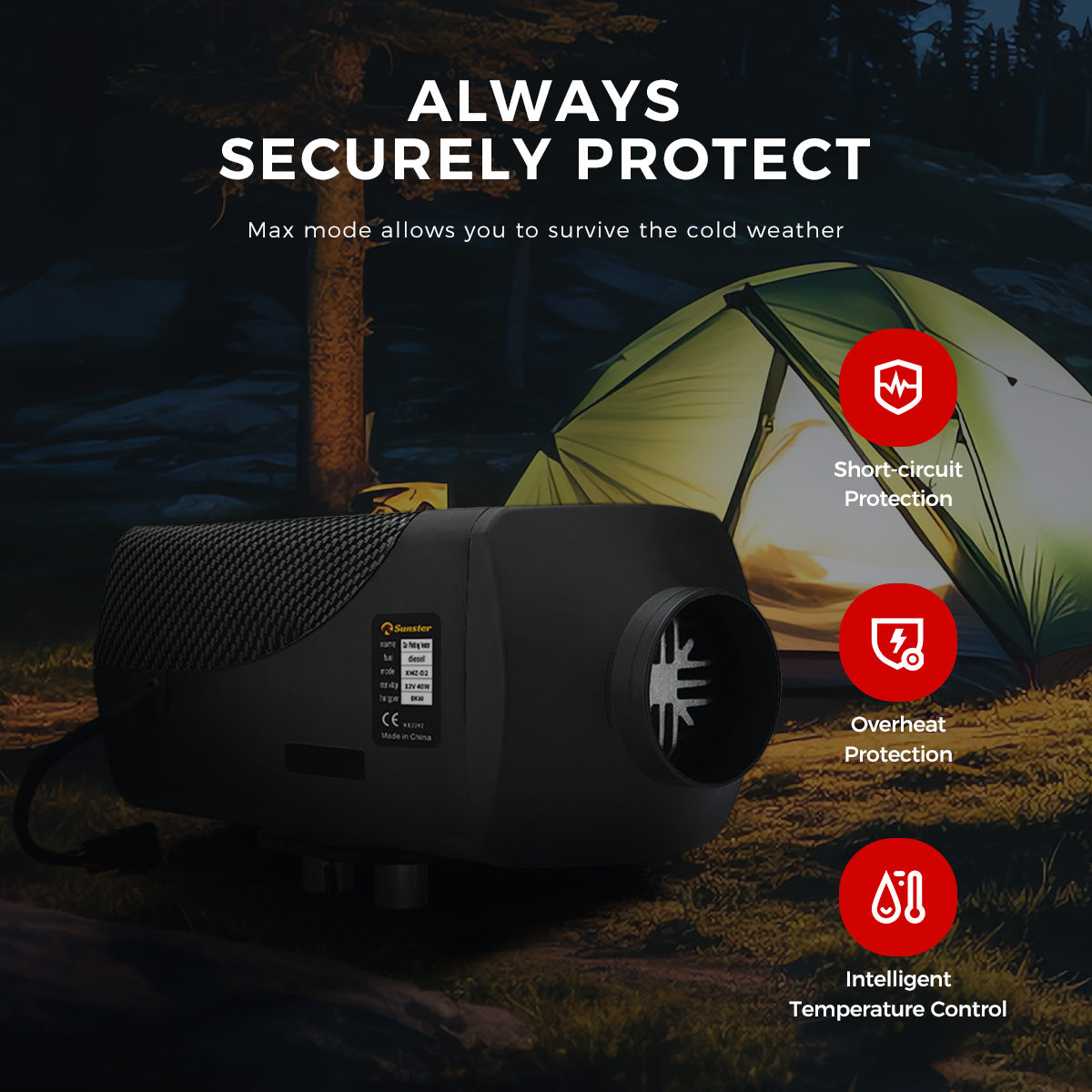 Sunster SH B2 2 kW dieselfyr – splitmodel med Bluetooth