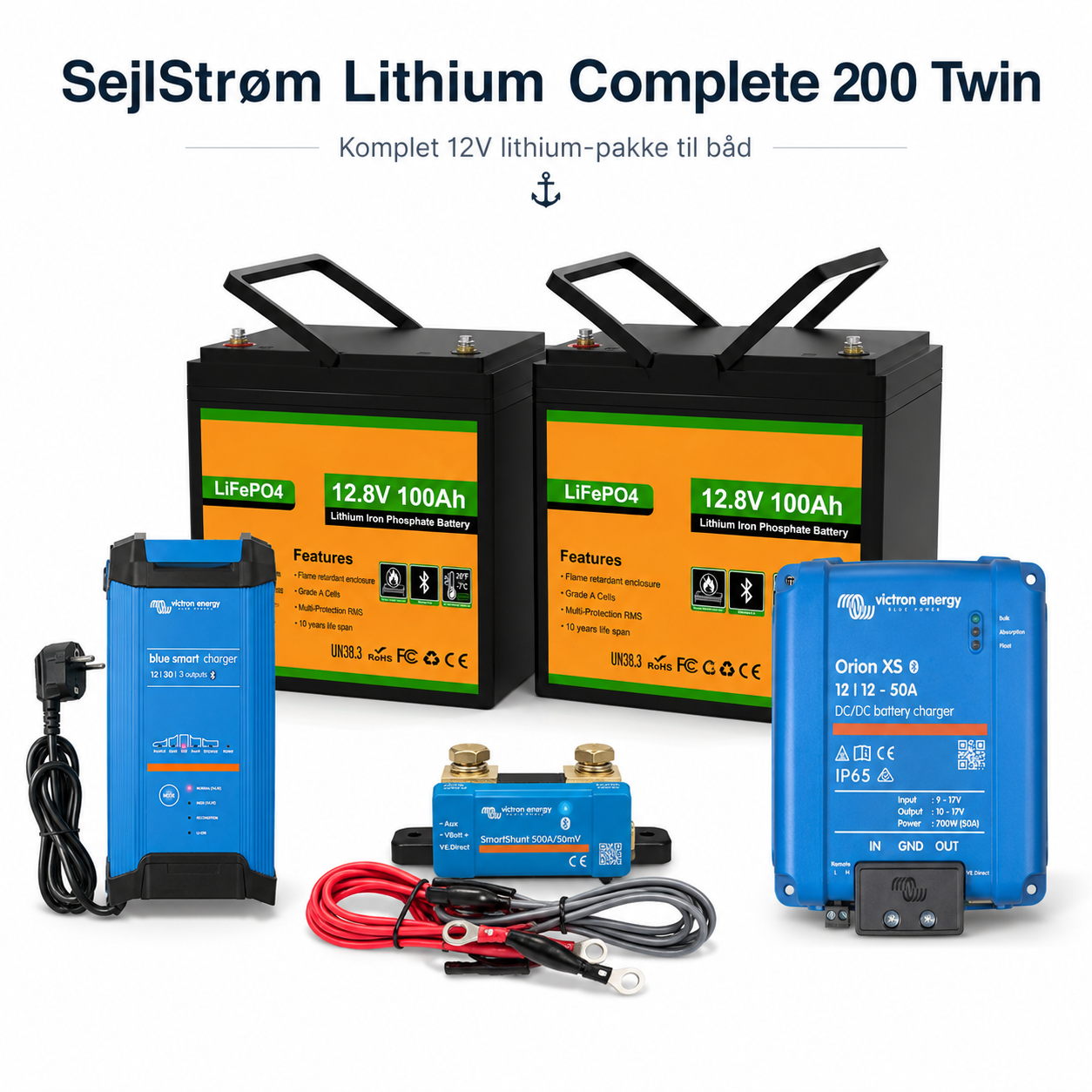 SejlStrøm Lithium Complete 200 Twin – komplet 12V 200Ah LiFePO4-pakke til båd