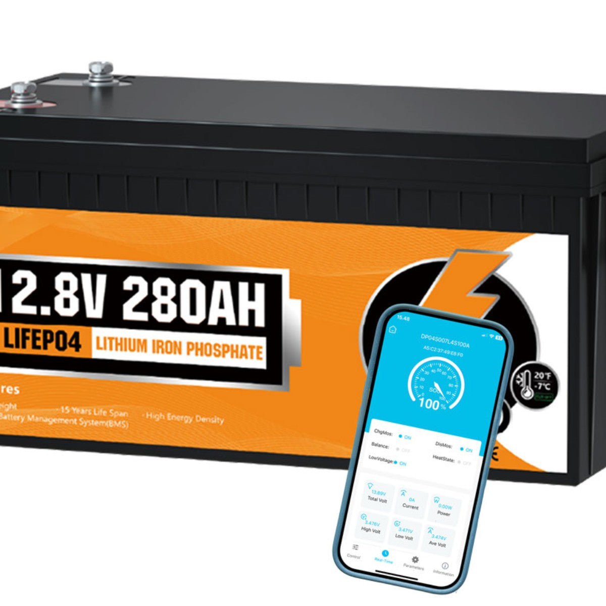 12V 280Ah LiFePO4 battery with 200A BMS and Bluetooth app