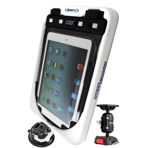 MarinePod iPad holder and waterproof OverBoard case with flexible ROKK suction mount