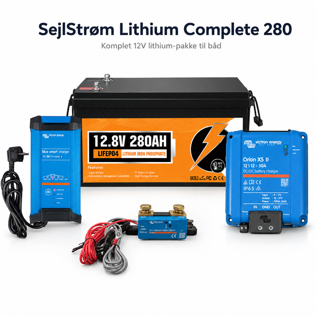 SejlStrøm Lithium Complete 280 – komplet 12V 280Ah LiFePO4-pakke til båd