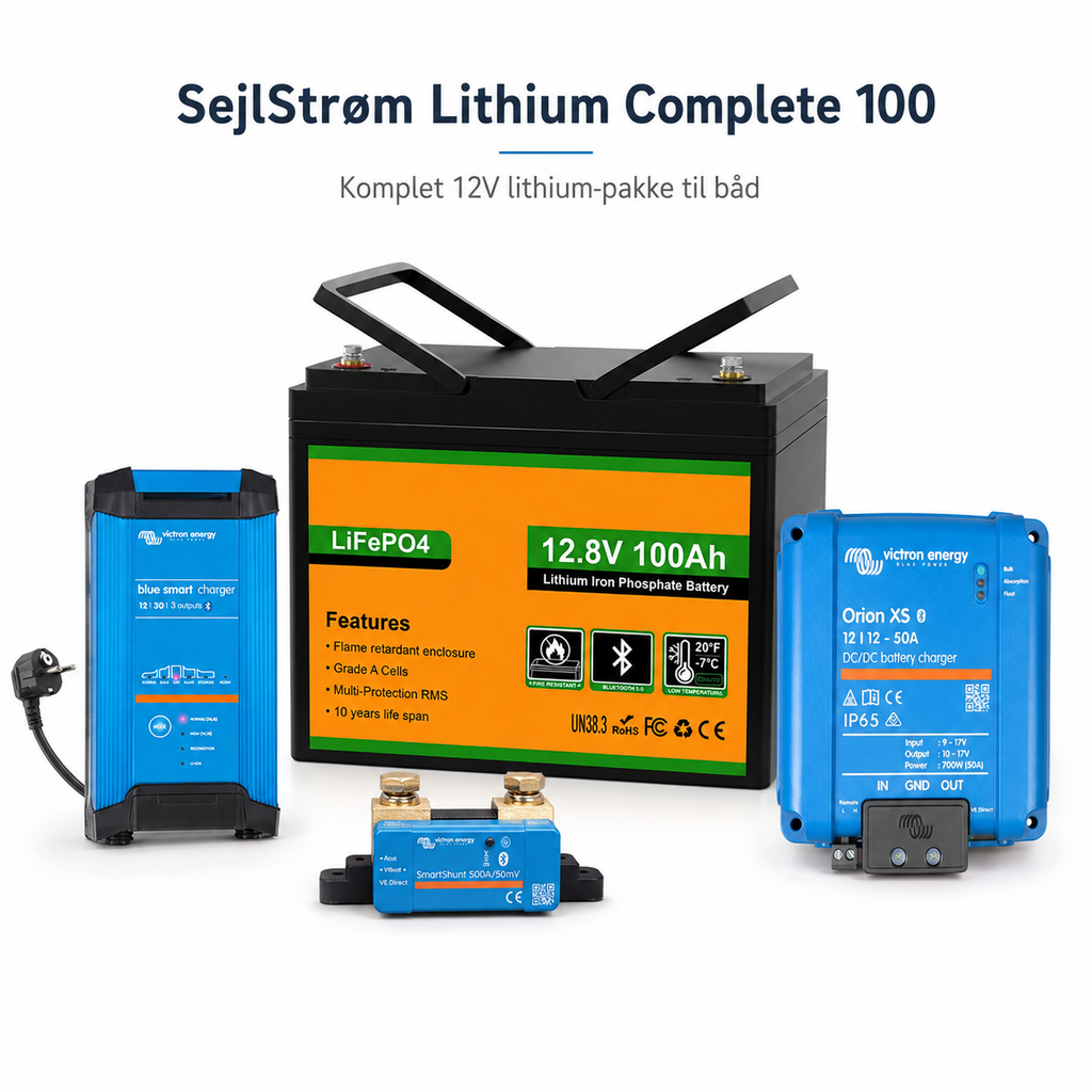 SejlStrøm Lithium Complete 100 – komplet 12V 100Ah LiFePO4-pakke til båd