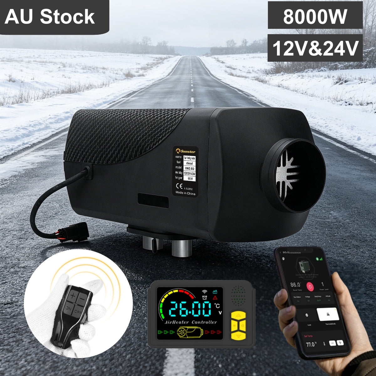 Sunster A2200BS 8 kW dieselfyr – splitmodel med Bluetooth