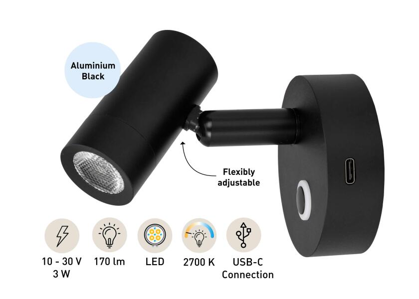 SEATEC LED - læselampe med berøringskontakt og USB - C - opladningsport / sort - SejlStrøm