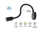 SEATEC LED - læselampe med lysdæmper og USB - C / sort / varm hvid - SejlStrøm