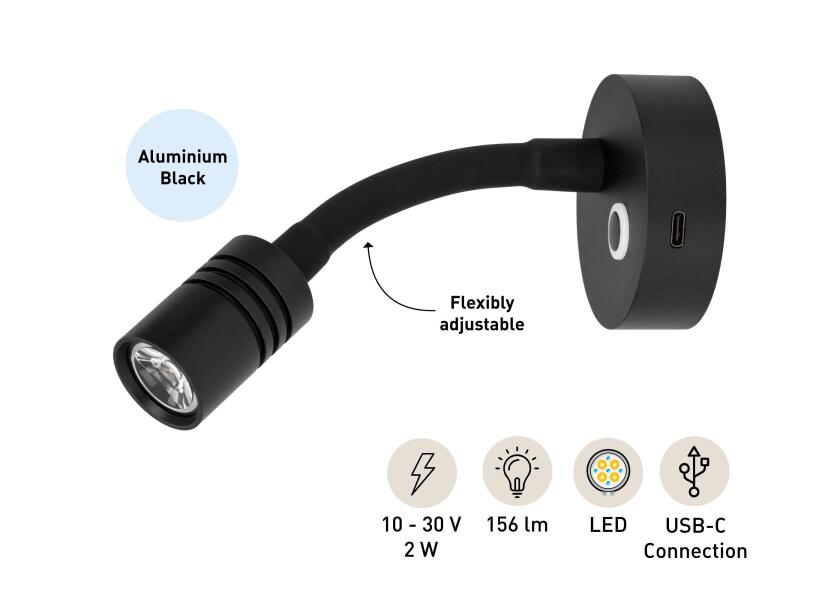 SEATEC LED - læselampe med lysdæmper og USB - C / sort / varm hvid - SejlStrøm