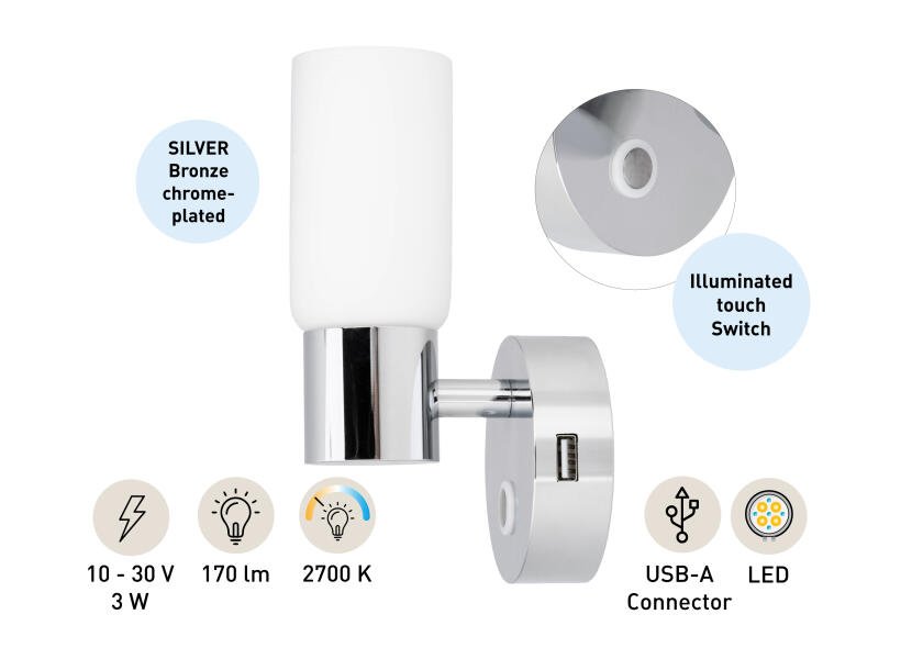 SEATEC LED - væglampe / med berøringskontakt og USB - opladningsport - SejlStrøm