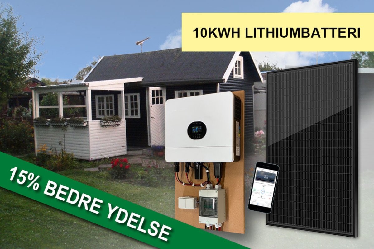 Solcelleanlæg til kolonihavehus – 11–18 kWh/dag med 10 kWh lithium batteri og 6000 W inverter - SejlStrøm
