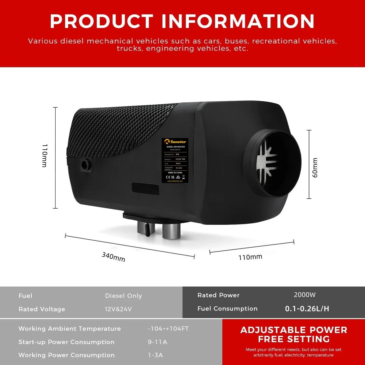 Sunster Dieselfyr 2kW 12/24V med Bluetooth - SejlStrøm