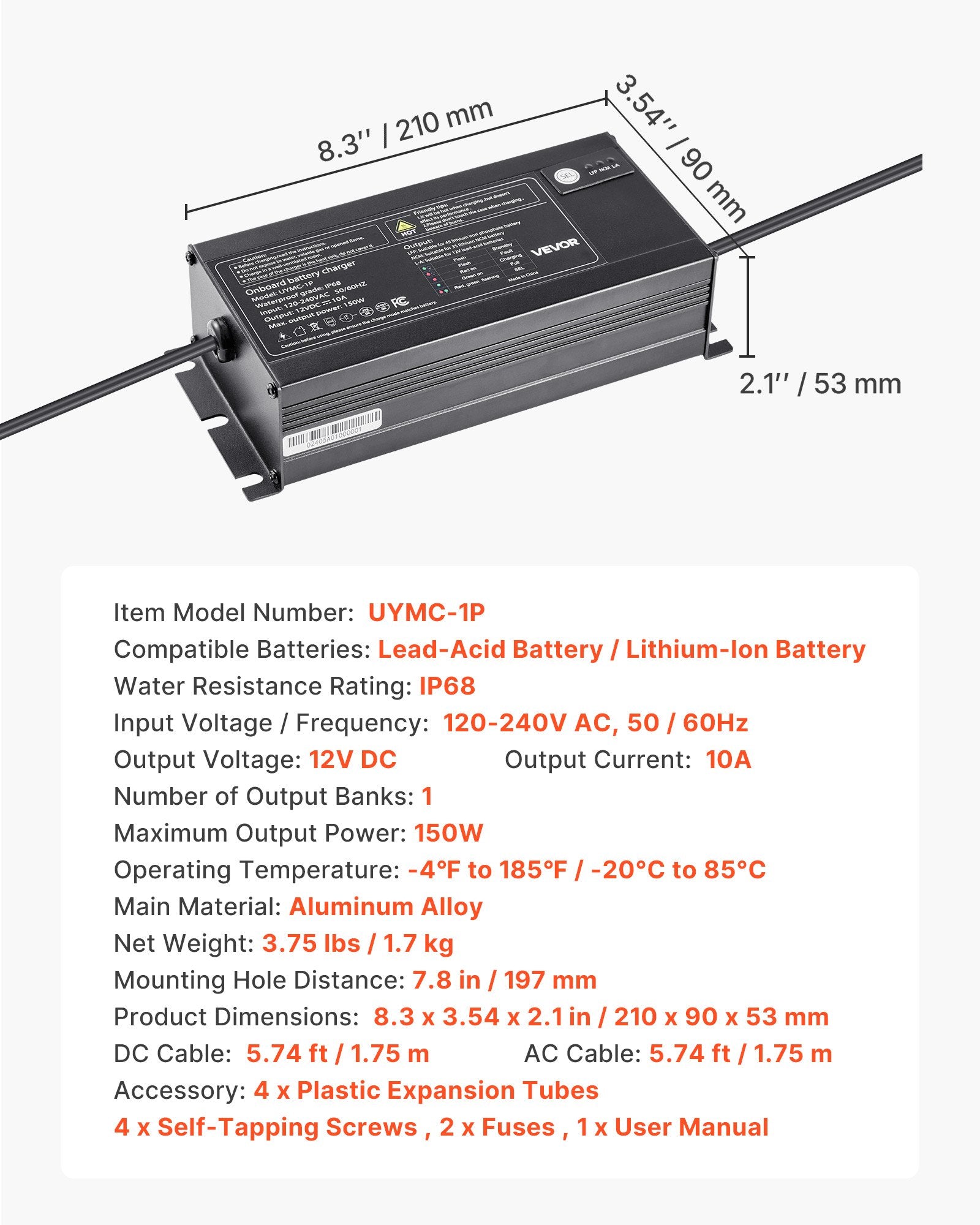 VEVOR IP68 marinebatterilader – 1 bank á 10 A / 12 V – detaljebillede 8
