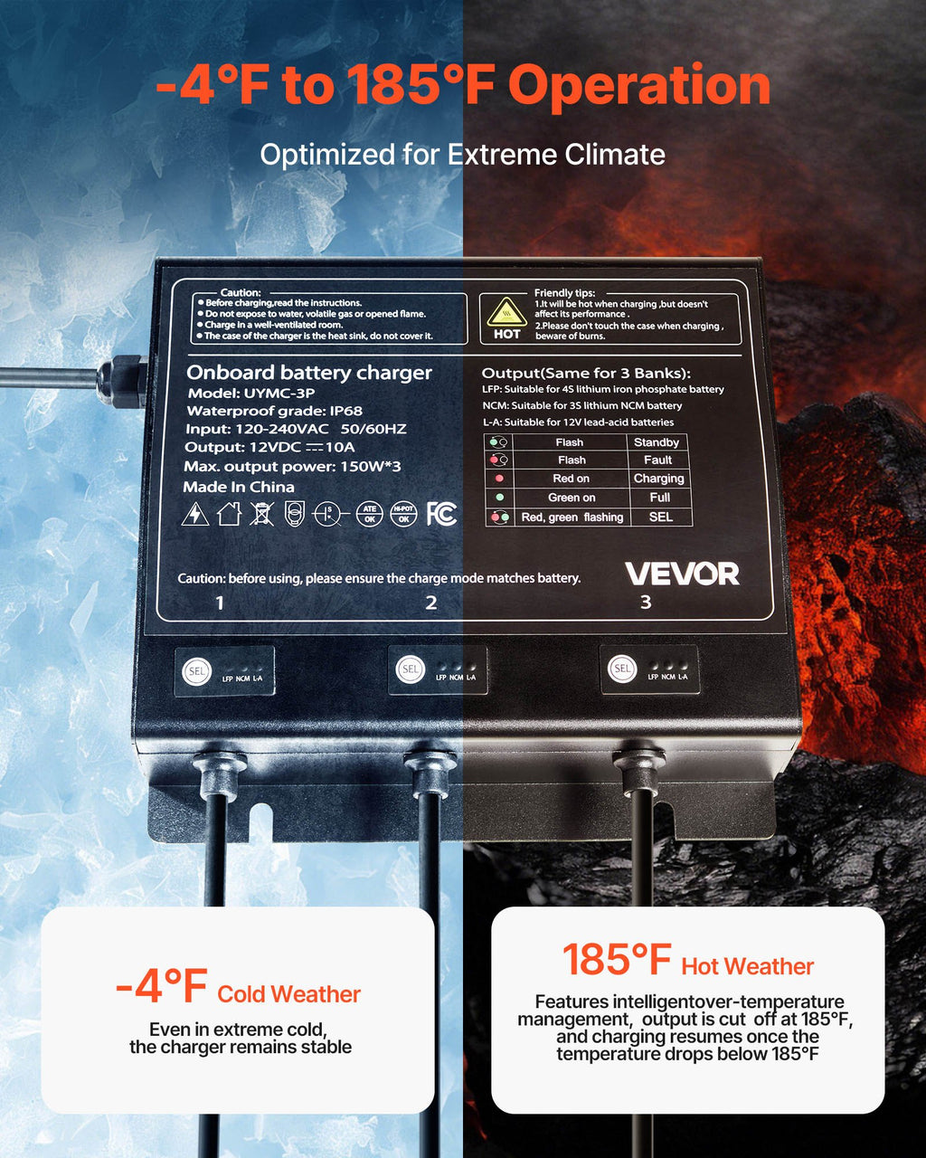 VEVOR IP68 marinebatterilader – 3 banke á 10 A / 12 V – detaljebillede 6