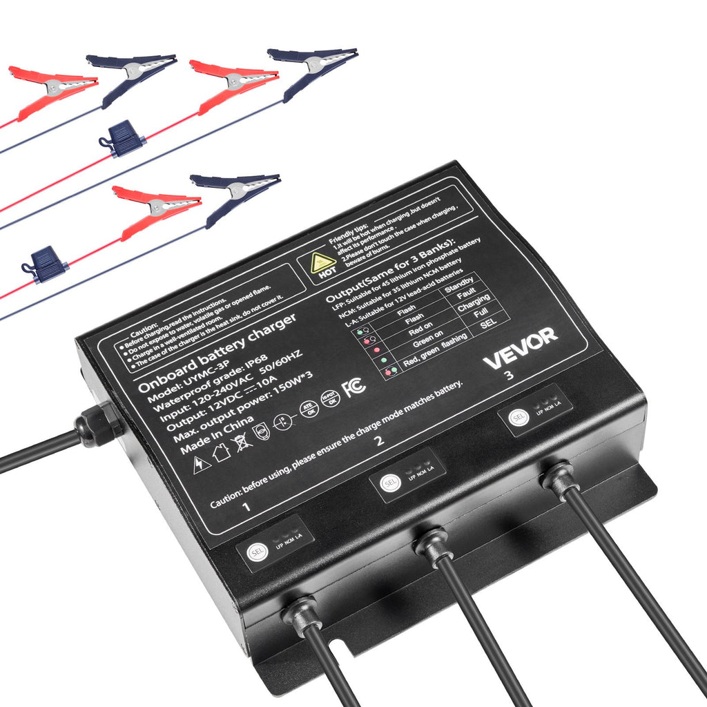VEVOR IP68 marinebatterilader – 3 banke á 10 A / 12 V – officielt VEVOR produktbillede