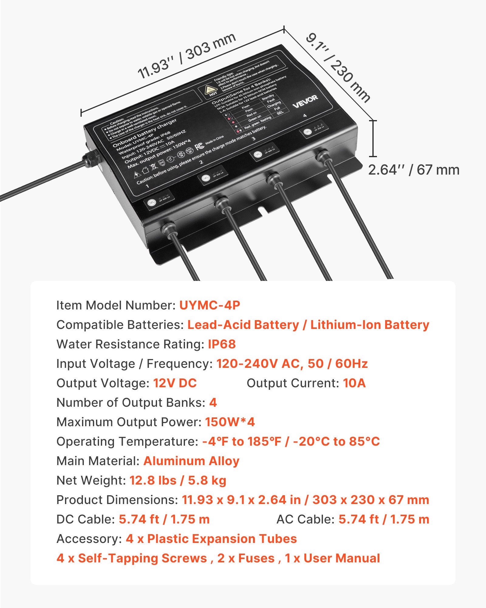 VEVOR IP68 marinebatterilader – 4 banke á 10 A / 12 V – detaljebillede 8