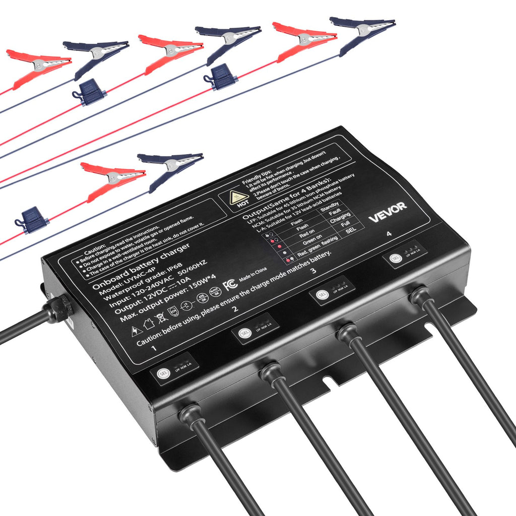 VEVOR IP68 marinebatterilader – 4 banke á 10 A / 12 V – officielt VEVOR produktbillede