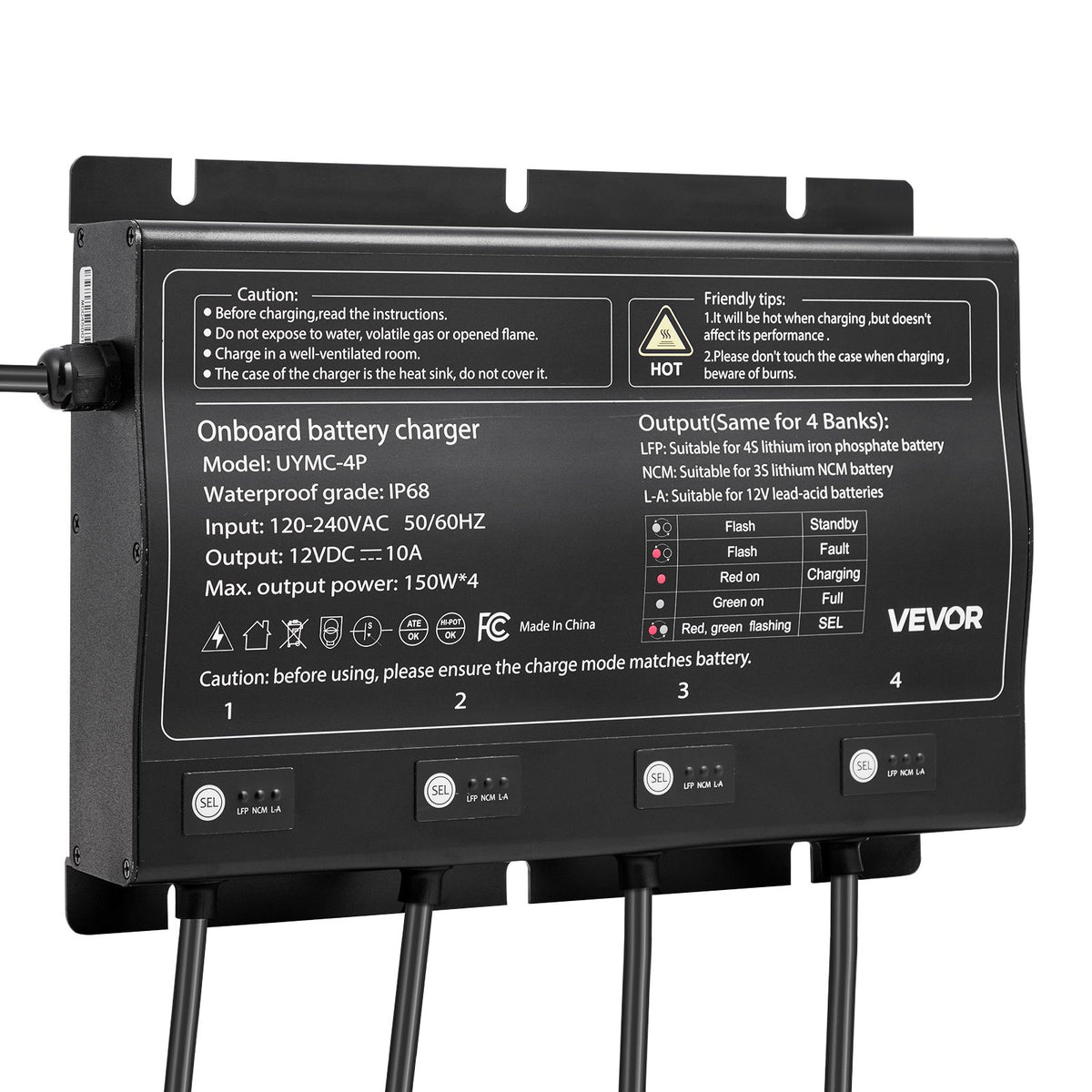 VEVOR IP68 marinebatterilader – 4 banke á 10 A / 12 V – detaljebillede 10
