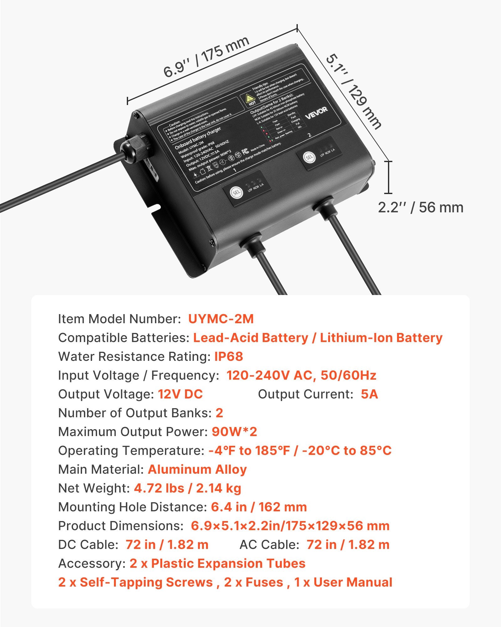 VEVOR IP68 marinebatterilader – 2 banke á 5 A / 12 V – detaljebillede 8