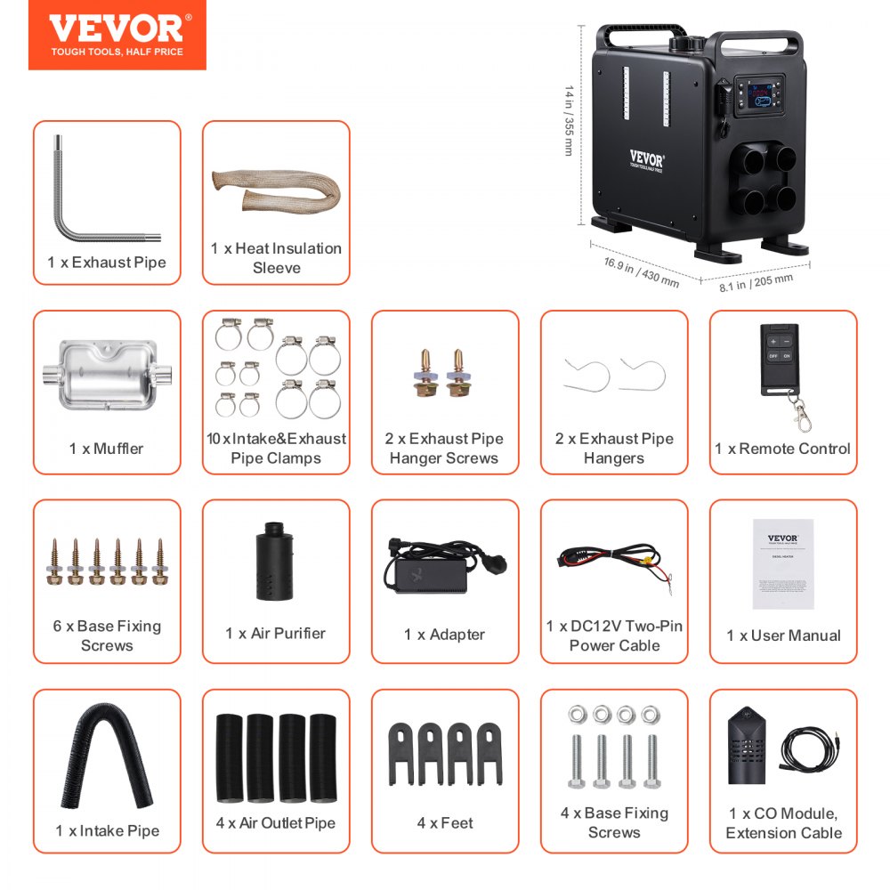 VEVOR dieselvarmer 8 kW 12/24 V – vertikal alt-i-én med CO-alarm – billede 7