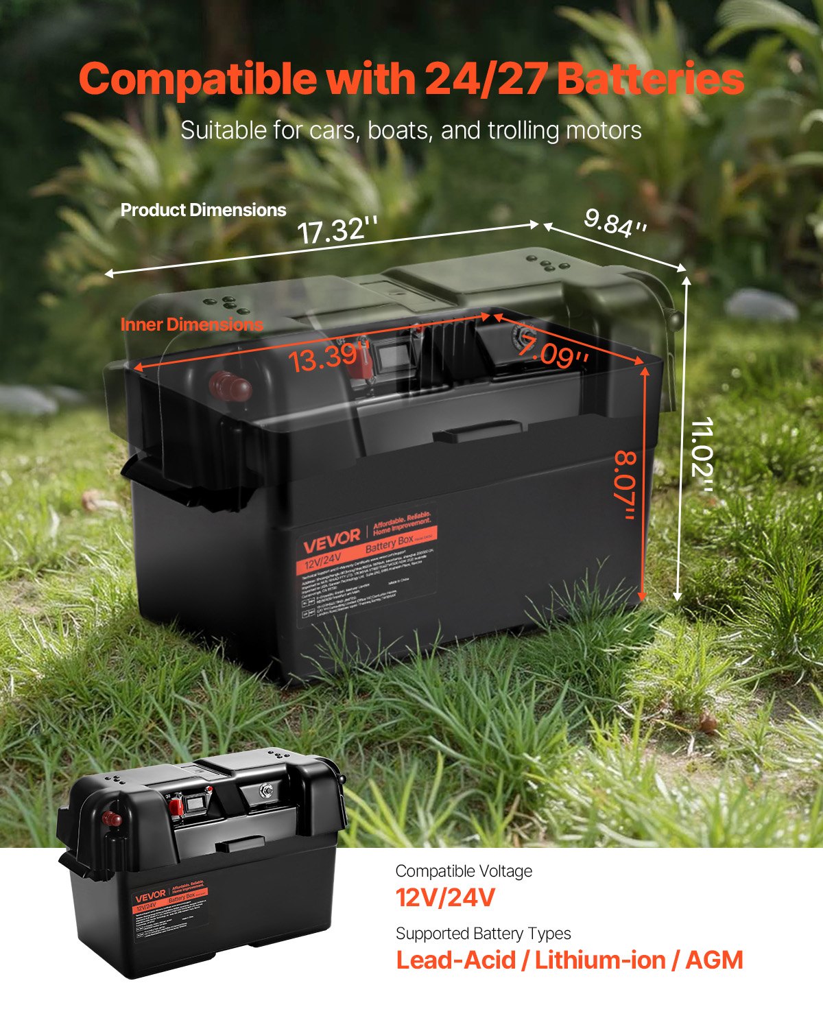 VEVOR smart batterikasse Group 24/27 – voltmeter, USB og 12 V udtag – detaljebillede 3