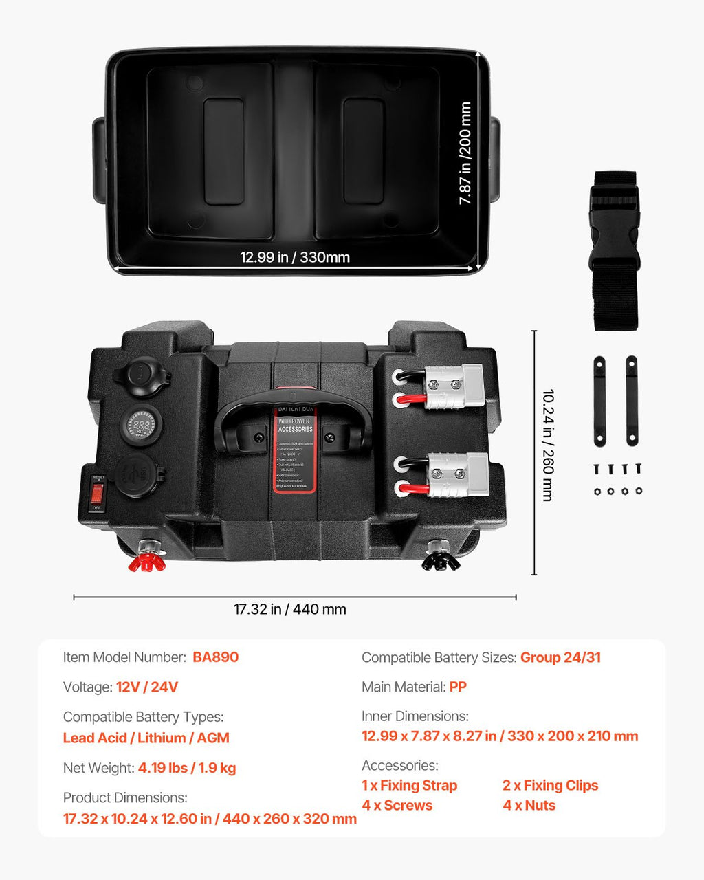 VEVOR smart batterikasse Group 24/31 – voltmeter, USB og Anderson – detaljebillede 8