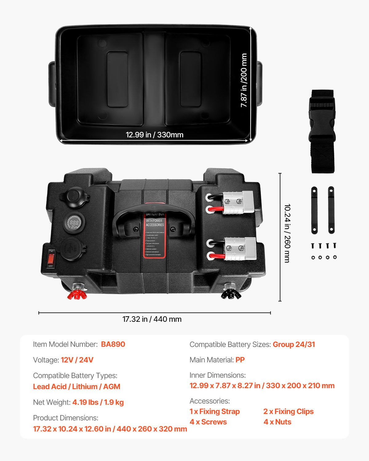 VEVOR smart batterikasse Group 24/31 – voltmeter, USB og Anderson – detaljebillede 8