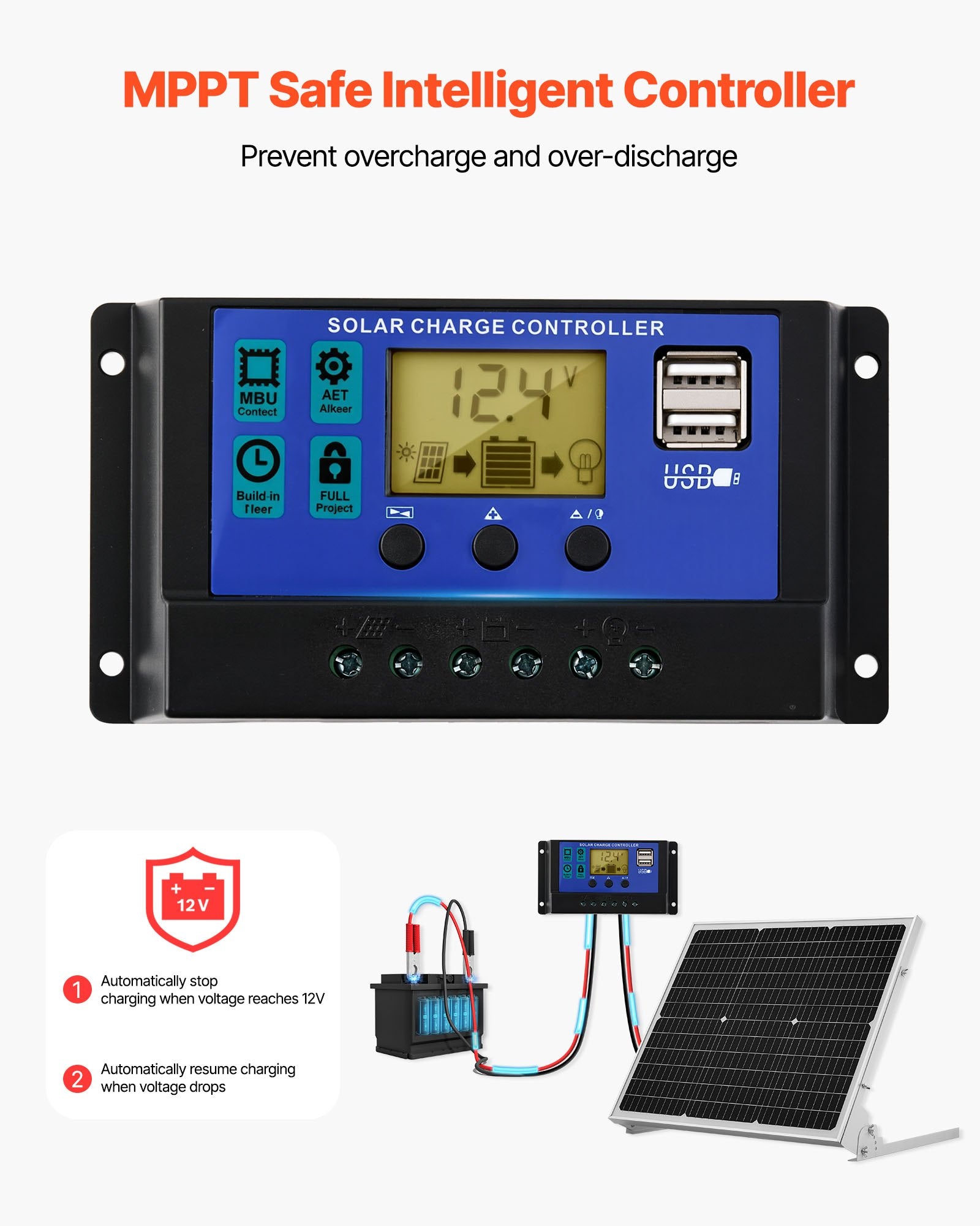 VEVOR 50 W solcelle-vedligeholdelseslader til 12 V batteri – MPPT – detaljebillede 4