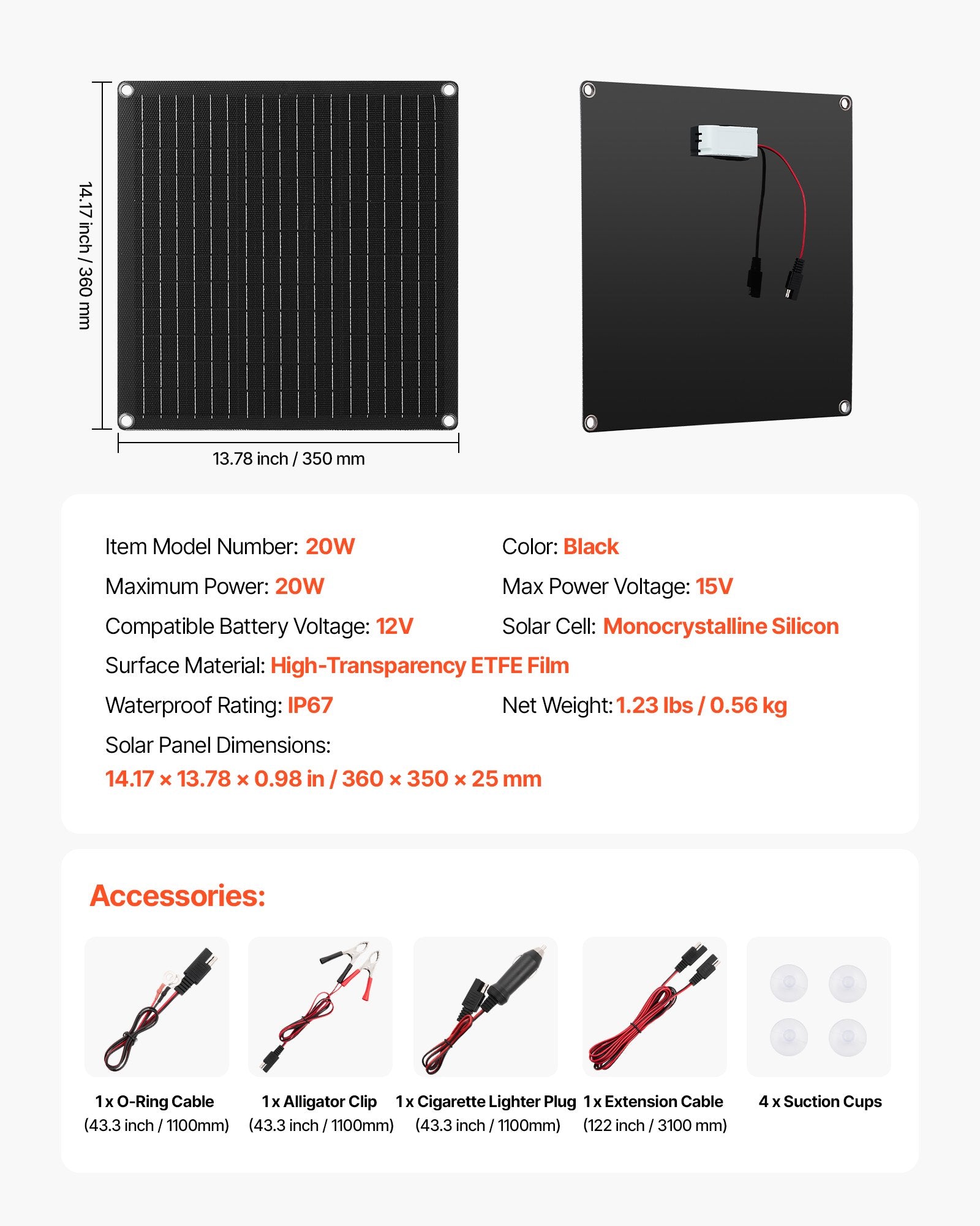 VEVOR 20 W solcelle-vedligeholdelseslader til 12 V batteri – detaljebillede 8