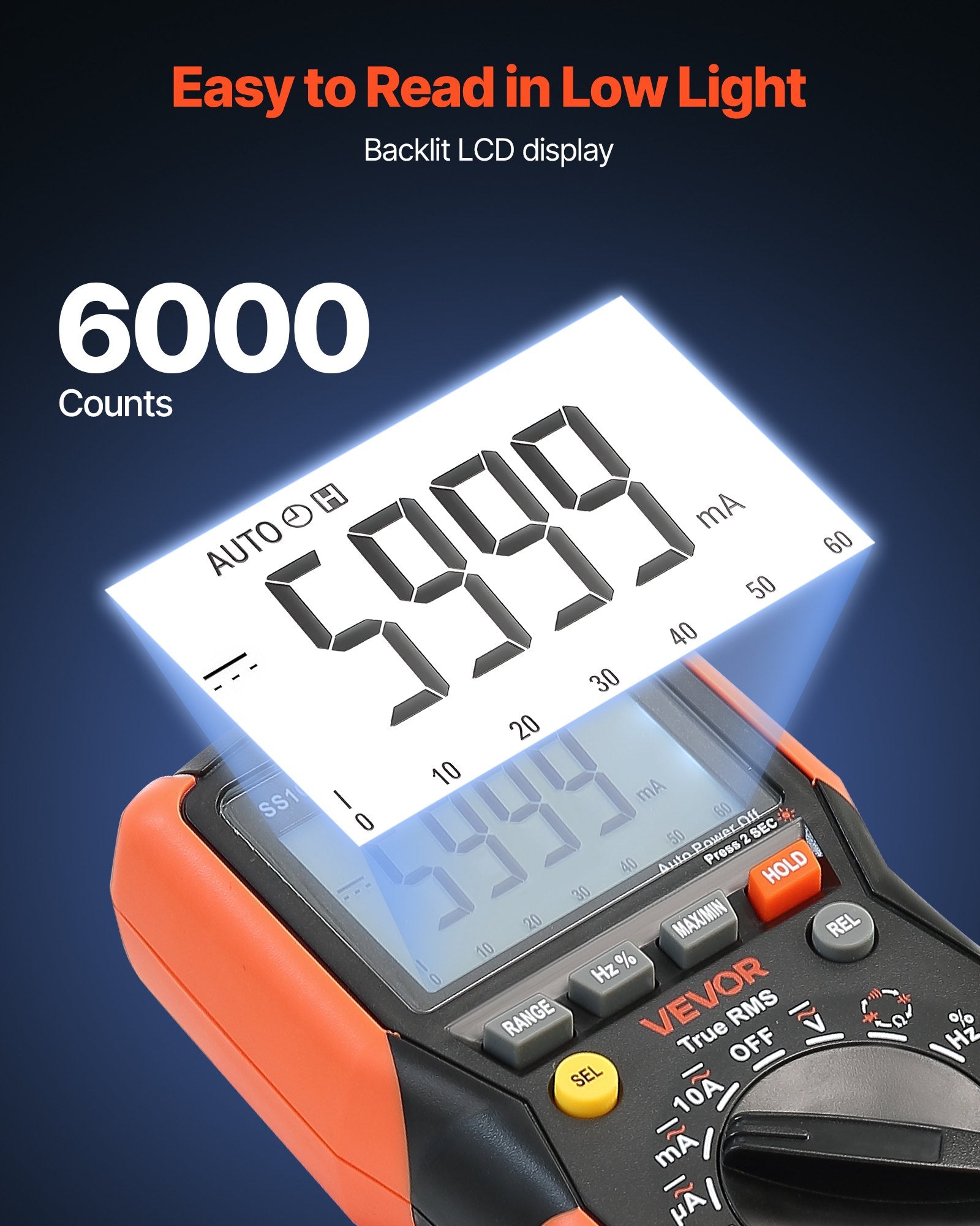 VEVOR digitalt TRMS-multimeter – 6000 counts, auto-range – detaljebillede 4