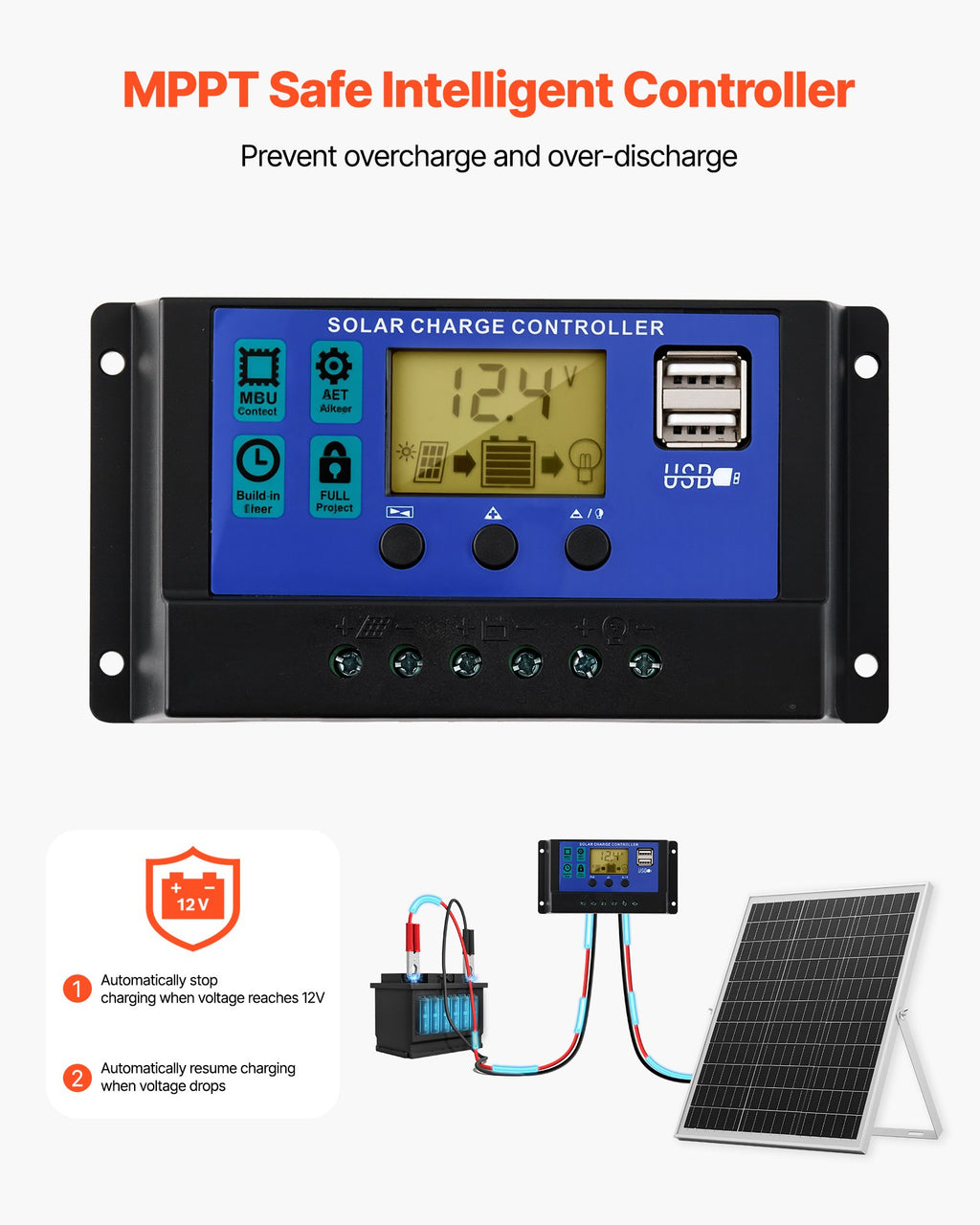 VEVOR 25 W solcelle-vedligeholdelseslader til 12 V batteri – MPPT – detaljebillede 4