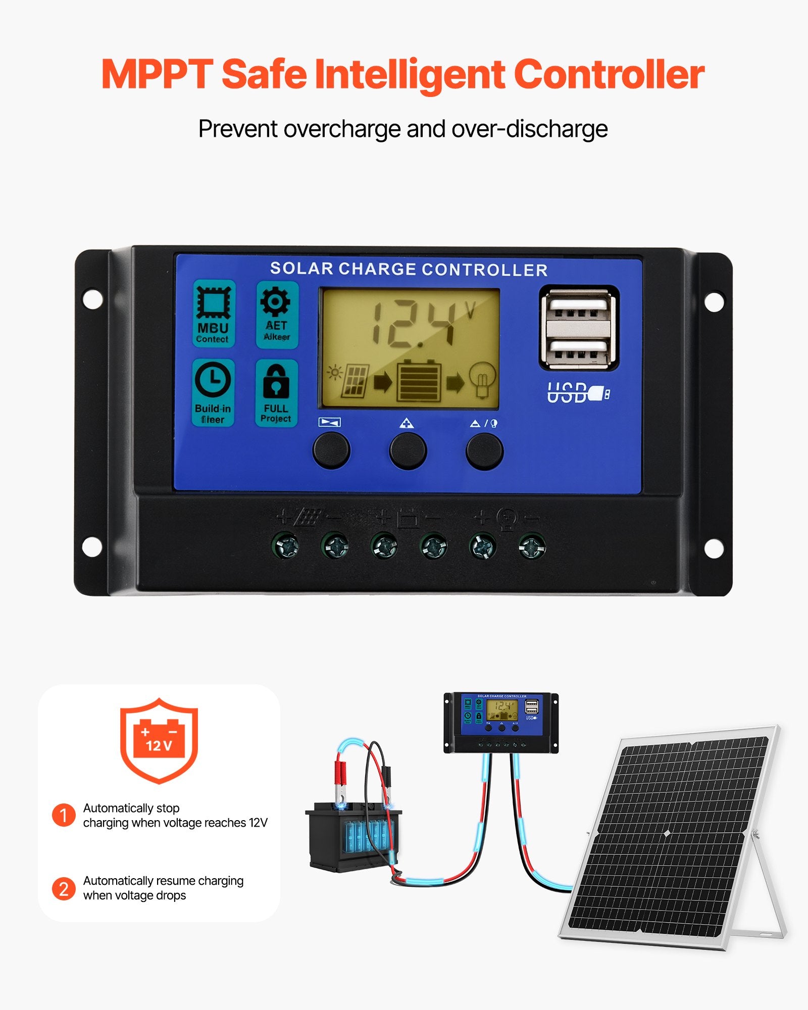 VEVOR 30 W solcelle-vedligeholdelseslader til 12 V batteri – MPPT – detaljebillede 4
