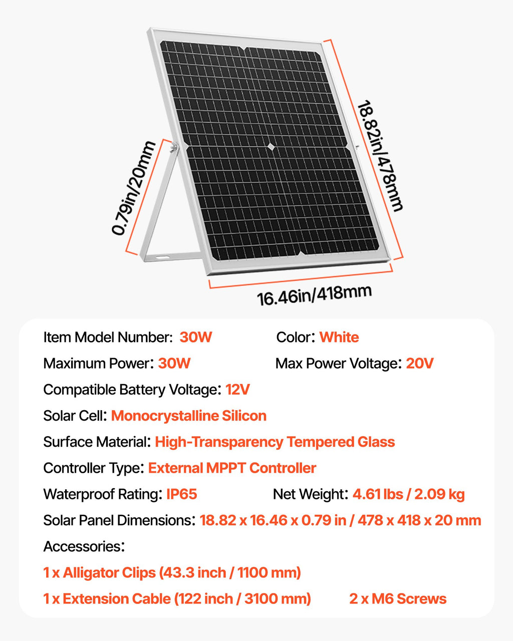VEVOR 30 W solcelle-vedligeholdelseslader til 12 V batteri – MPPT – detaljebillede 8