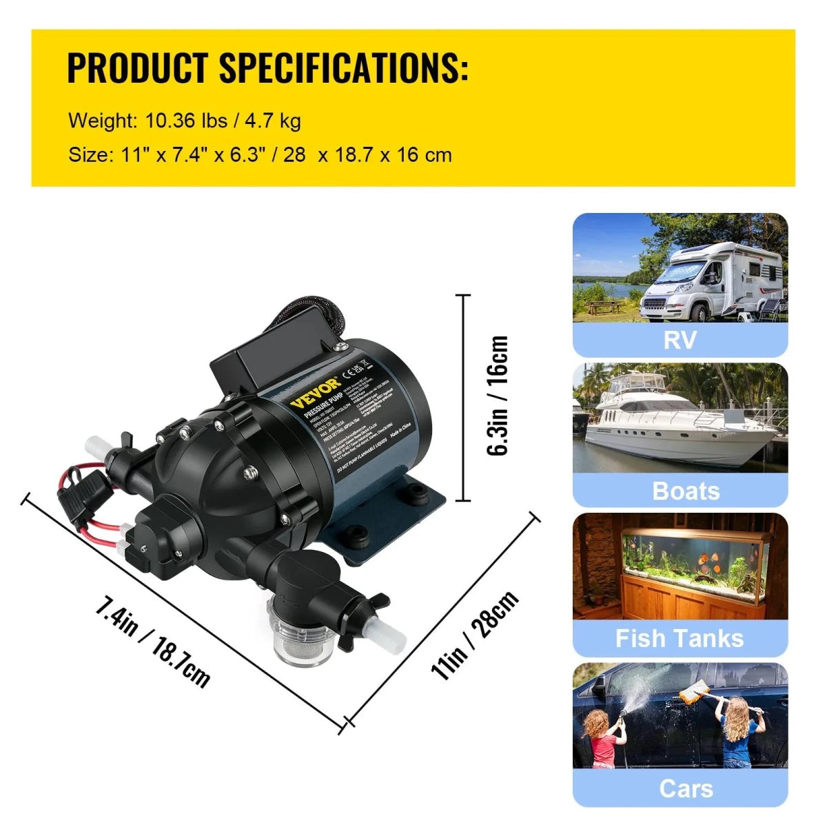 VEVOR 12 V Washdown Vandpumpe – 7 GPM / 26 L/min – 60 PSI Selvansugende Trykpumpe til RV, Marine & Camping - SejlStrøm