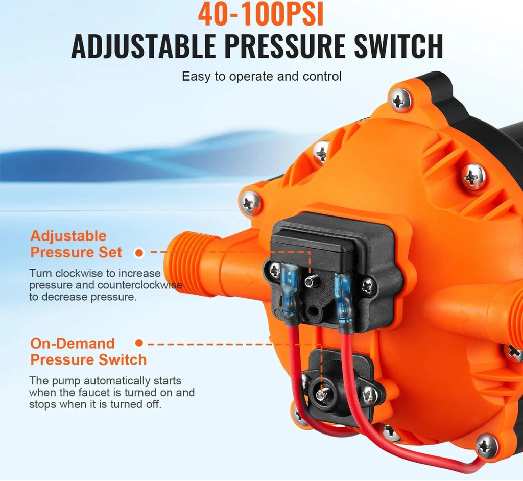 VEVOR 12V Vandpumpe 20,8 L/min – 4,8 Bar Membranpumpe med Trykafbryder til RV, Camping & Båd - SejlStrøm